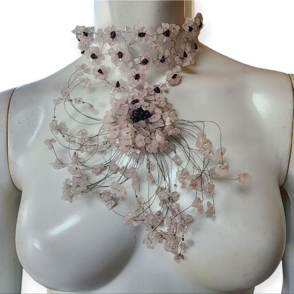 Handmade Silver Tone Wire Rose Quartz & Garnet Chip Sterling Silver Hook Choker - Picture 3 of 6